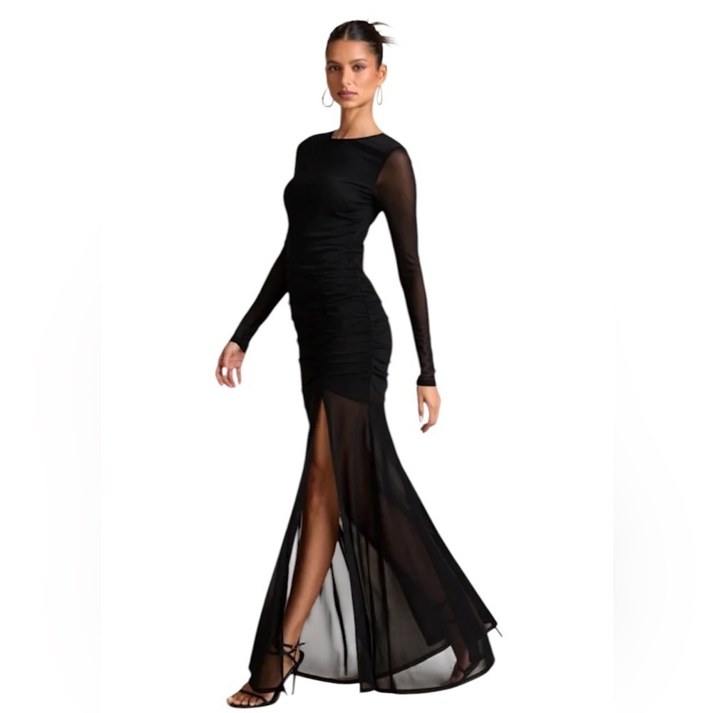 Lulus Vibrant Poise Black Mesh Ruched Maxi Dress Size X-Large Keyhole Open Back